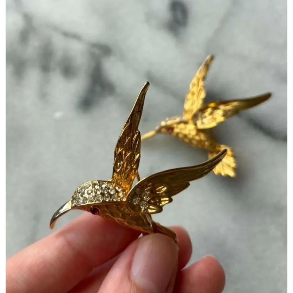 Vintage Gold Tone Hummingbird Brooches Pins Rhinestones Red Eye 1960s Lot of 2